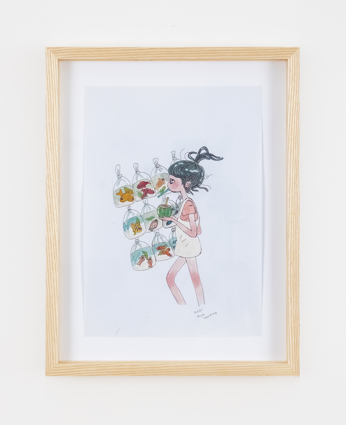i enjoyed the market, 2021 Pen and watercolor on paper Framed: 38.2 x 29.5 x 3.8 cm ©2021 Aya Takano/Kaikai Kiki Co., Ltd. All Rights Reserved. Courtesy of Perrotin