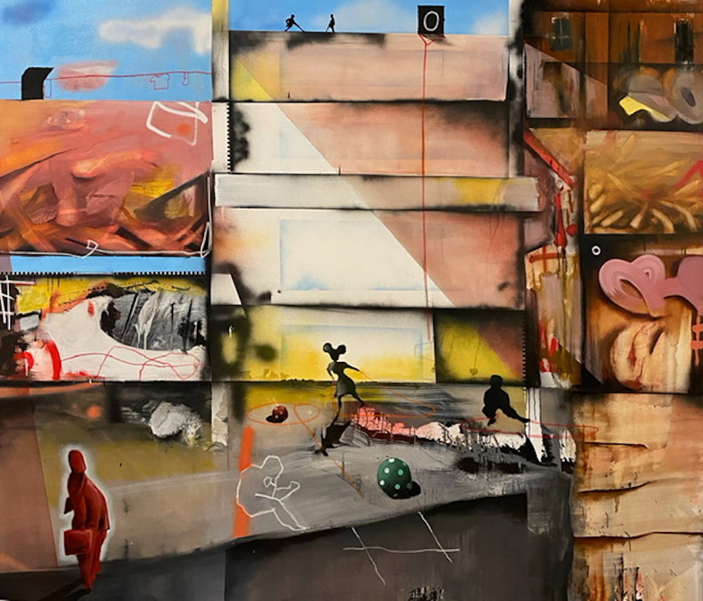 Marcus Jansen, “When playgrounds change”, 2021. Oil enamels, spray paint, and oil stick on canvas, 84 x 72 in. Courtesy of Richard Beavers Gallery.