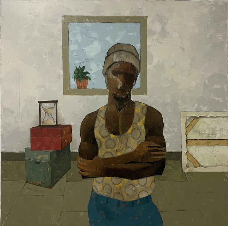 Ojo Ayotunde, Sandglass, 2021, 40 x 40 inches, charcoal, oil, acrylic on canvas, unstretched. Courtesy of the artist and Nyama Fine Art, Martha’s Vineyard, MA.