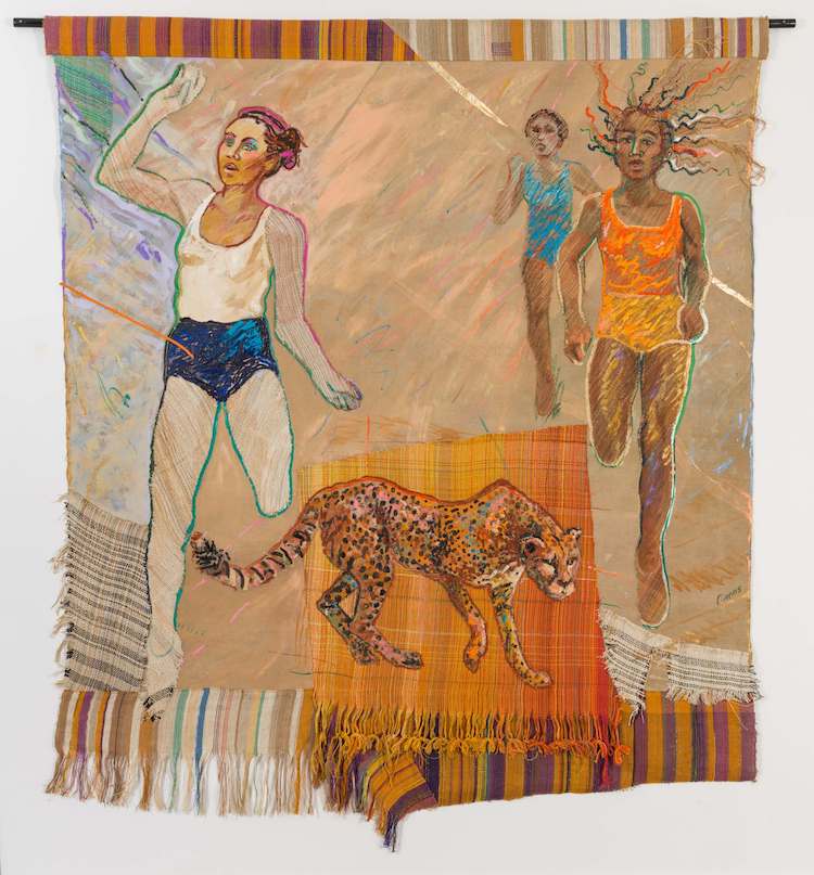 Runners with Cheetah, 1983, by Emma Amos (American, 1937–2020) (Private Collection, Delaware, courtesy of RYAN LEE Gallery and Art Finance Partners, New York)