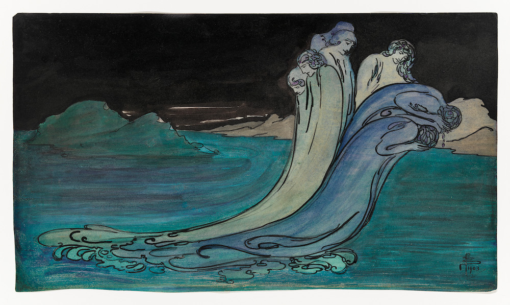 Pamela Colman Smith, The Wave, 1903. Watercolor, brush and ink, and graphite pencil on paper, 10 1/4 × 17 3/4 in. (26 × 45.1 cm). Whitney Museum of American Art, New York; gift of Mrs. Sidney N. Heller 60.42