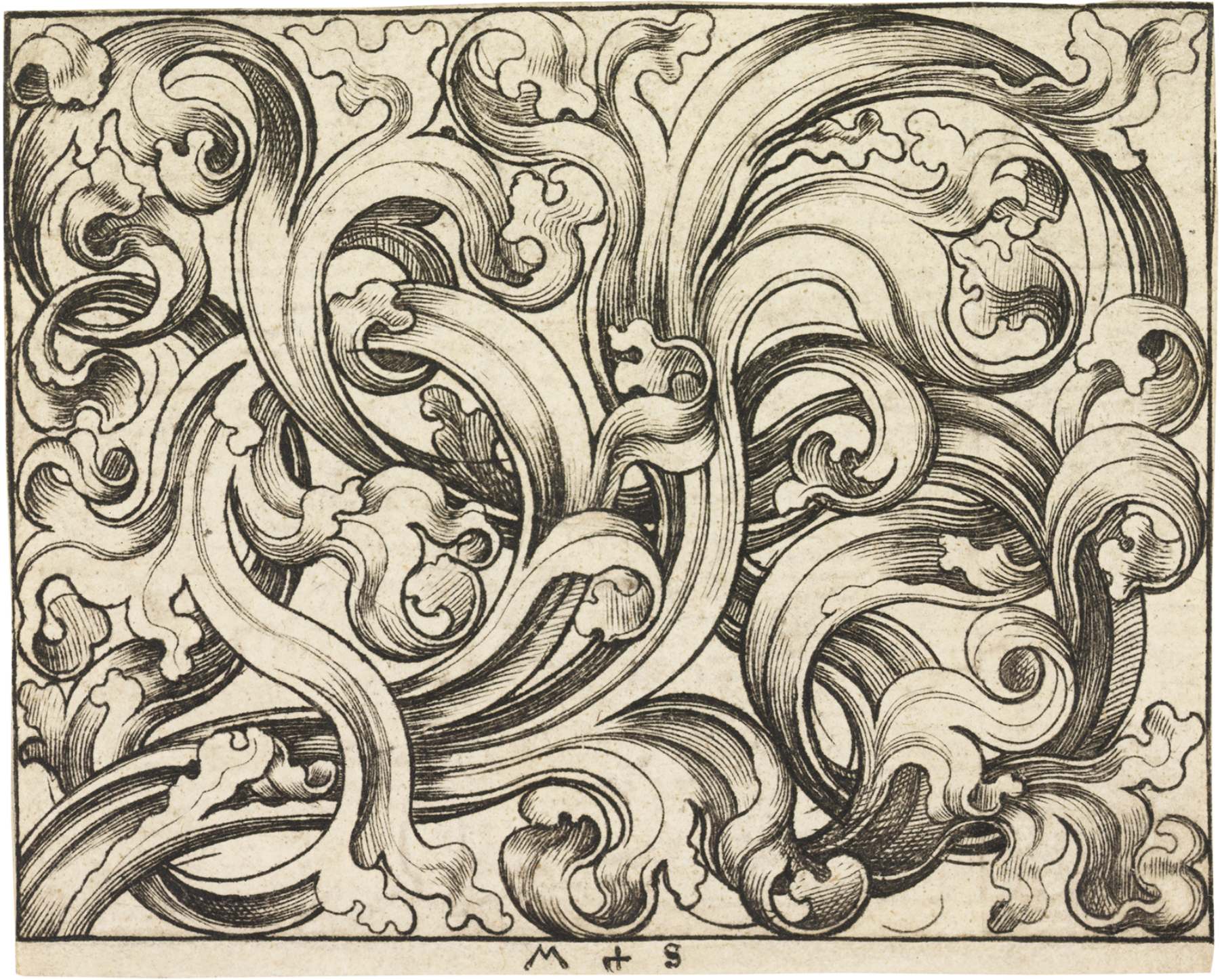 Martin Schongauer, Querfüllung auf hellem Grund (Horizontal Ornament), c. 1470. Engraving on white paper, 2 5/16 x 2 15/16 inches (5.9 x 7.4 cm). Museum purchase in memory of George Campbell Cooper, Cooper Hewitt, Smithsonian Design Museum, Smithsonian Institution.