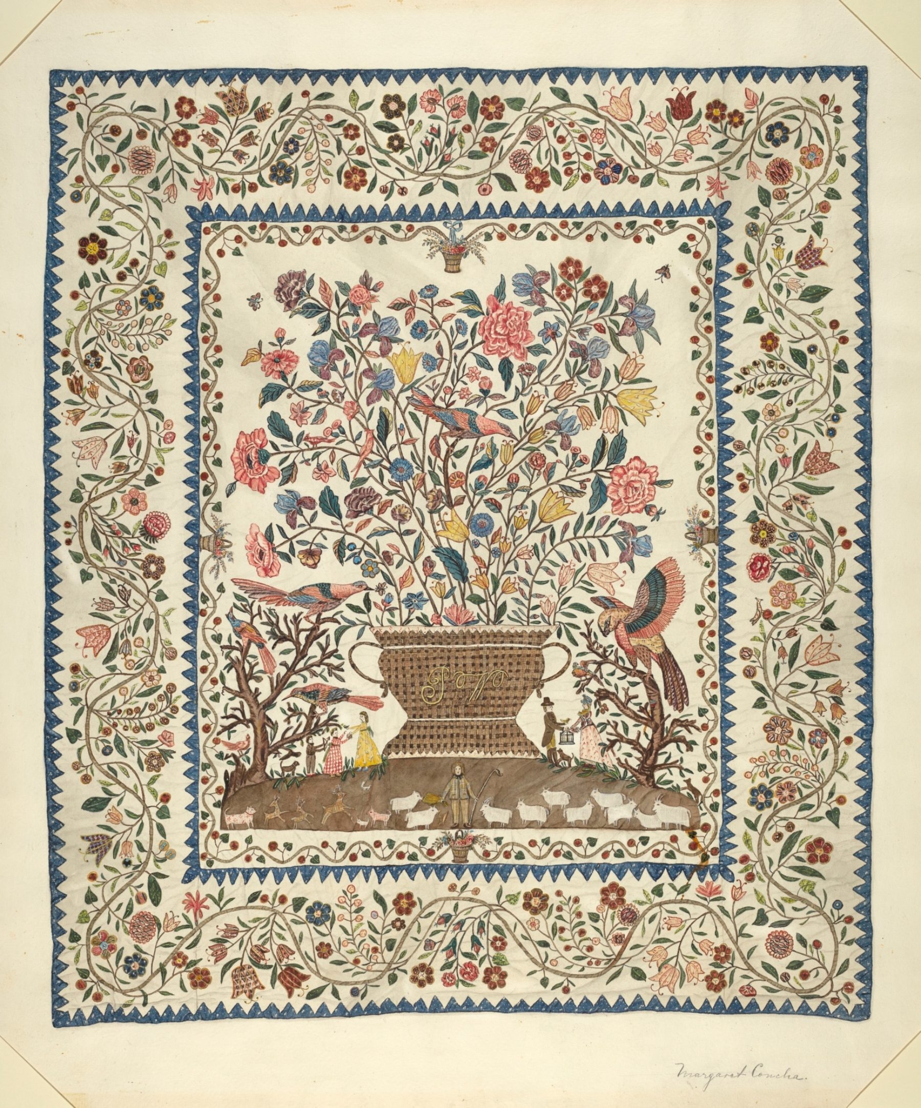 Margaret Concha, Applique and Embroidered Coverlet, 1943. Watercolor, graphite, and pen and ink on paper. 23 7/16 x 19 13/16 inches (59.5 x 50.4 cm). Courtesy National Gallery of Art