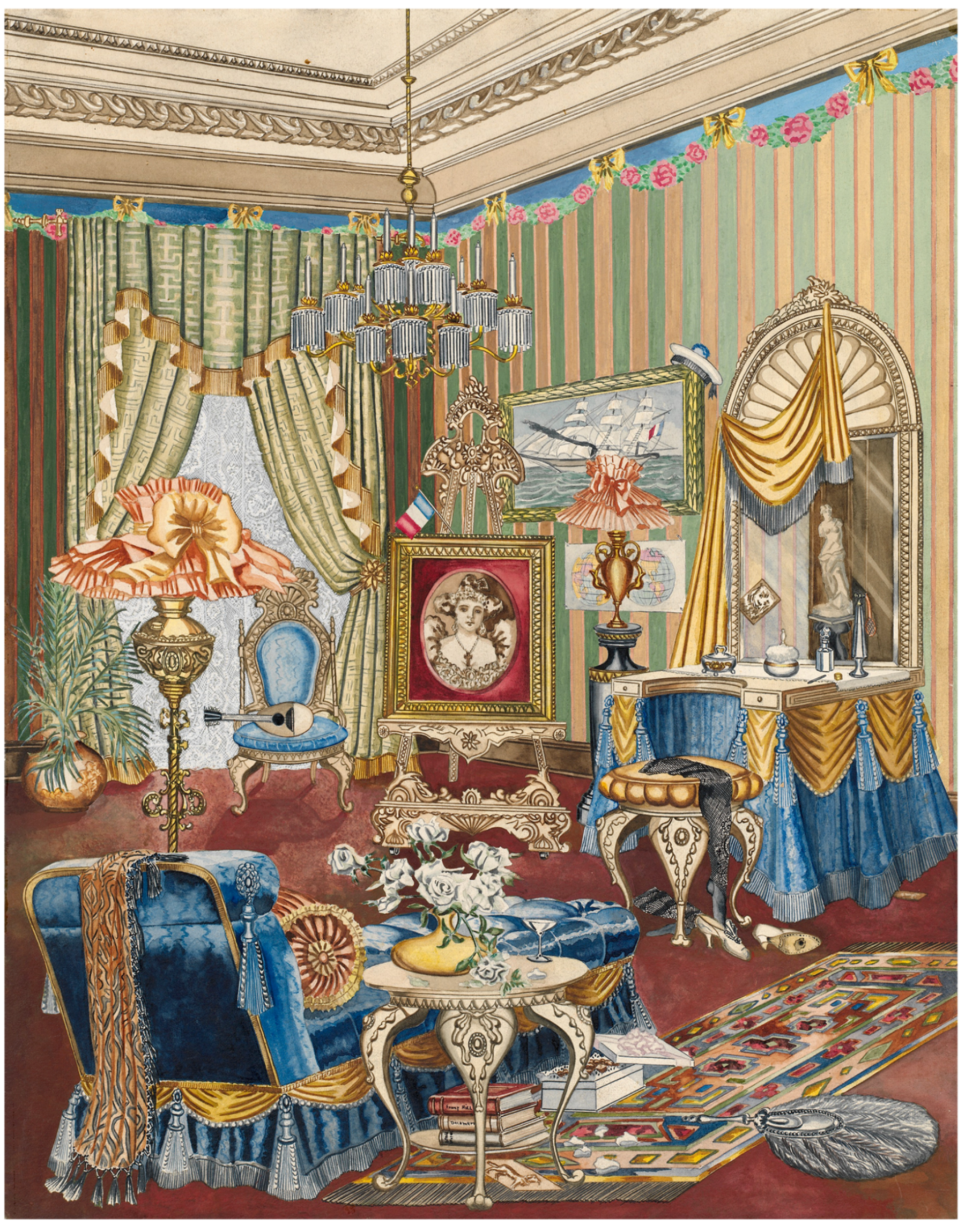 Perkins Harnly, Boudoir, c. 1931. Watercolor, gouache, and graphite on paper, 22 5/8 x 17 13/16 inches (57.5 x 45.3 cm). National Gallery of Art, Washington, Index of American Design, 1943.