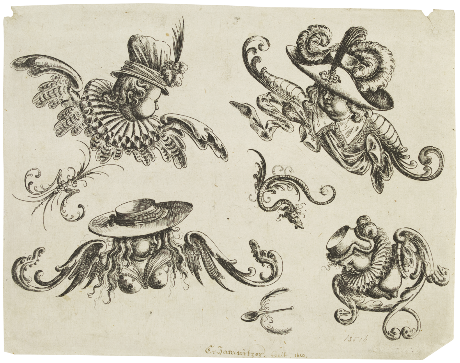Christoph Jamnitzer, Das Neuw Grottesken Buch (The New Book of Grotesques), 1573–1610. Etching, 5 5/8 x 7 1/4 inches (14.3 x 18.3 cm) Victoria and Albert Museum, London, Ⓒ Victoria and Albert Museum, London.