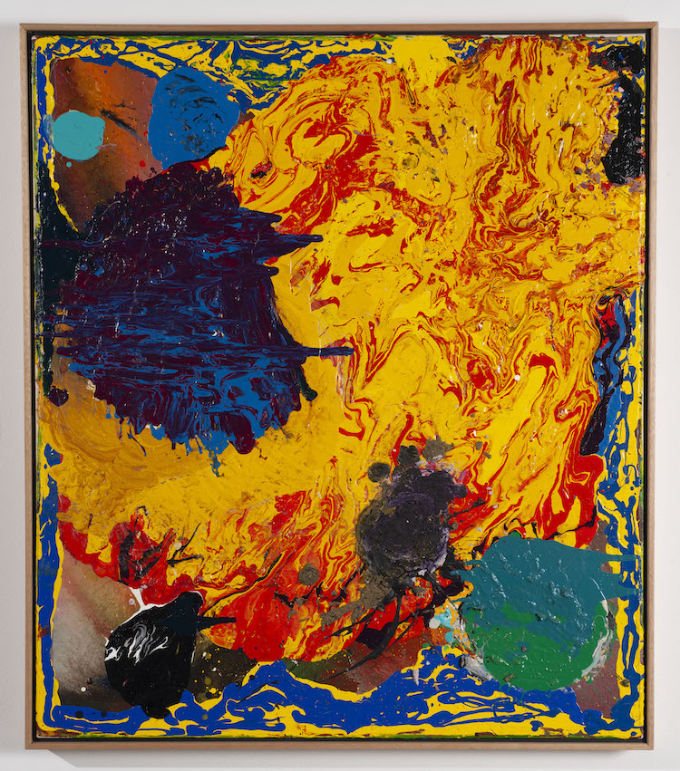 WANDERINGS: BILBAO, ORANGE, YELLOW AND BLUE, 45 1/2 X 39 1/2, Acrylic on Canvas, 2004 //Jules Olitski Art Foundation Inc. / 2022 Licensed by VAGA at Artists Rights Society (ARS), NY