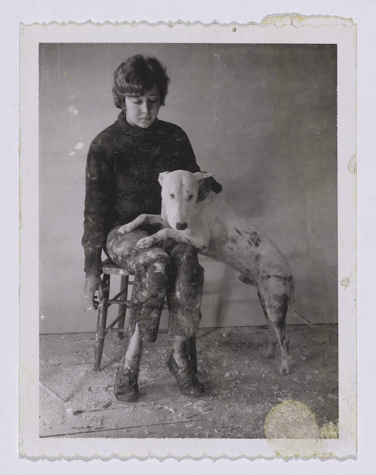 Portrait of Joan Brown and her dog, Bob, 1961