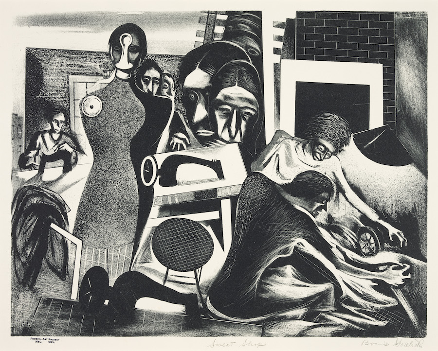 Boris Gorelick, Sweat Shop, ca. 1935 Lithograph 11 3/4 x 15 3/8 in. Crystal Bridges Museum of American Art, Bentonville, Arkansas, 2012.128. Photography by Edward C. Robison III