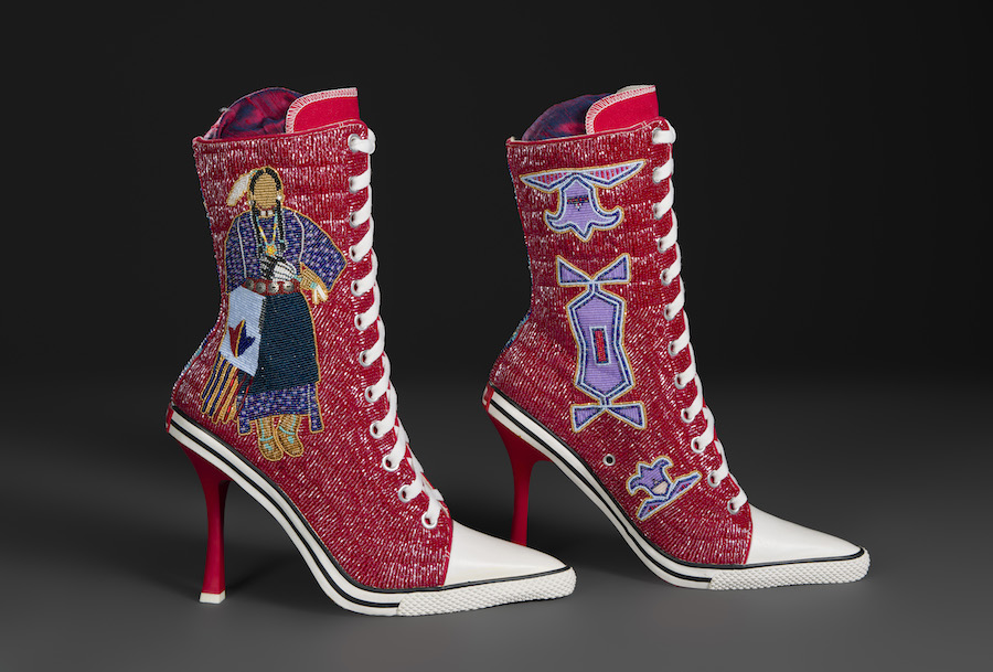 Teri Greeves, Abstraction: Kiowa by Design, 2014 Beads on canvas high-heeled sneakers 11 1/2 x 10 x 4 in. Crystal Bridges Museum of American Art, Bentonville, Arkansas, 2021