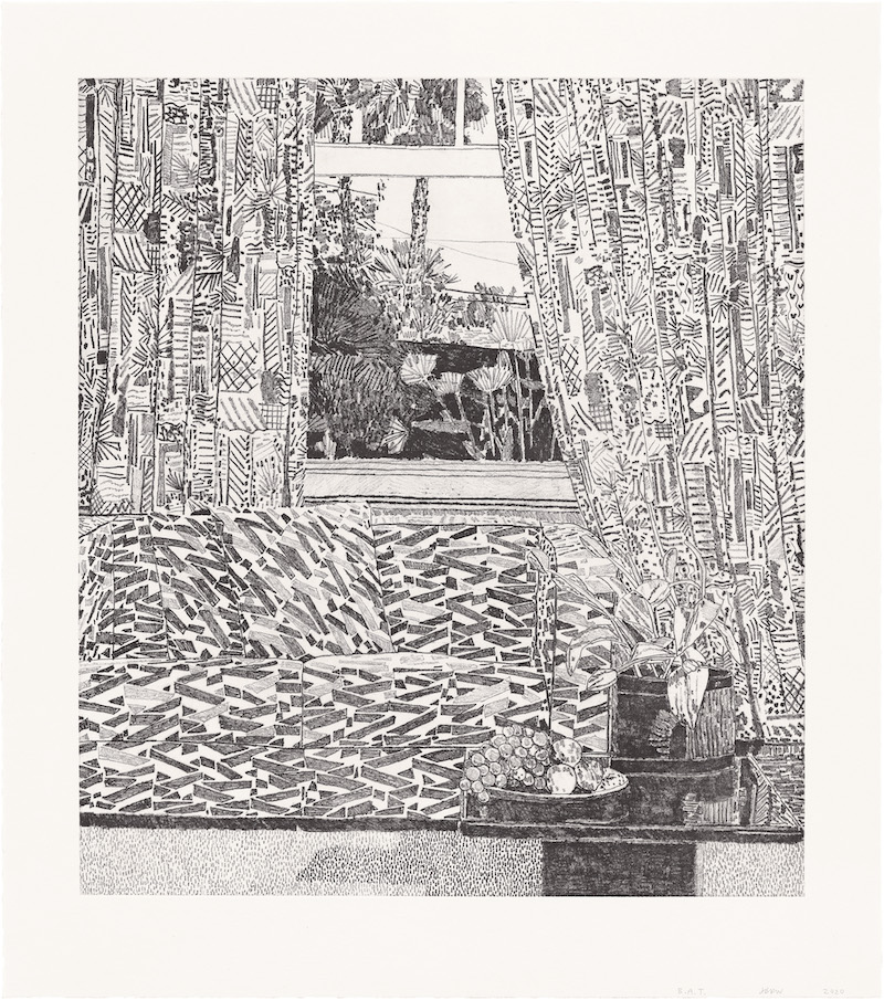 Pattern Couch Interior with Mar Vista View, 2020 Soft-ground etching on Hahnemühle Copperplate paper 29 x 25 1/2 inches 73.7 x 64.8 cm Edition of 35 + 20 AP Signed, dated, and numbered on recto © Jonas Wood Courtesy the artist and Gagosian