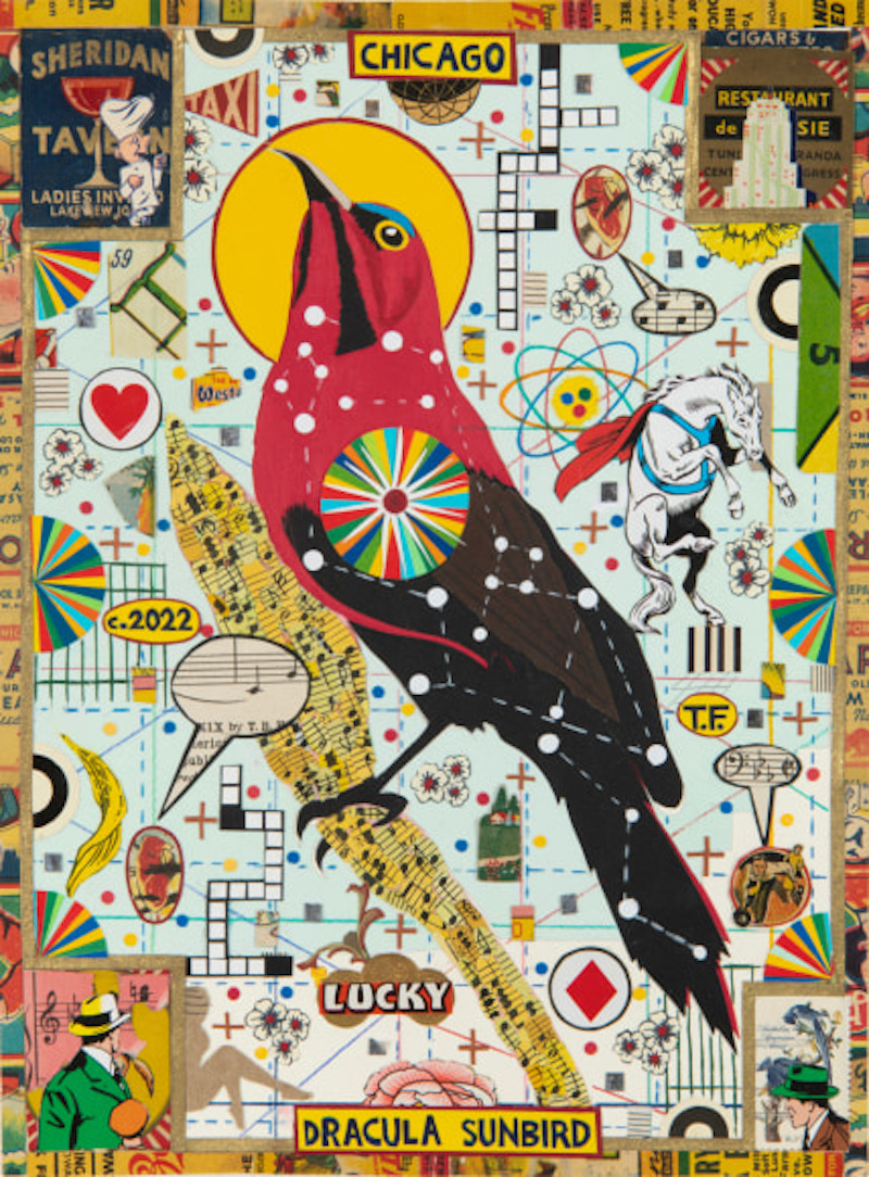 Tony Fitzpatrick Dracula Sunbird, 2022 Collage 11.25 x 8.5 inches Courtesy the artist