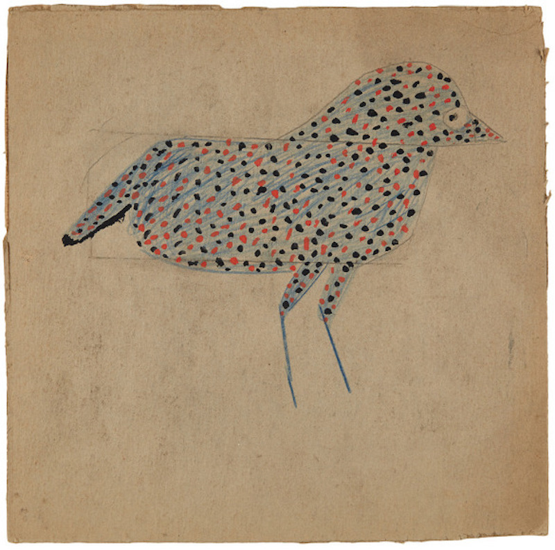 Bill Traylor (1854-1949)  Spotted Black and Red Bird (Blue Spotted Bird), c. 1939-1942  Poster paint, pencil on cardboard  9.5 x 9.5 inches  Courtesy Cavin-Morris, New York