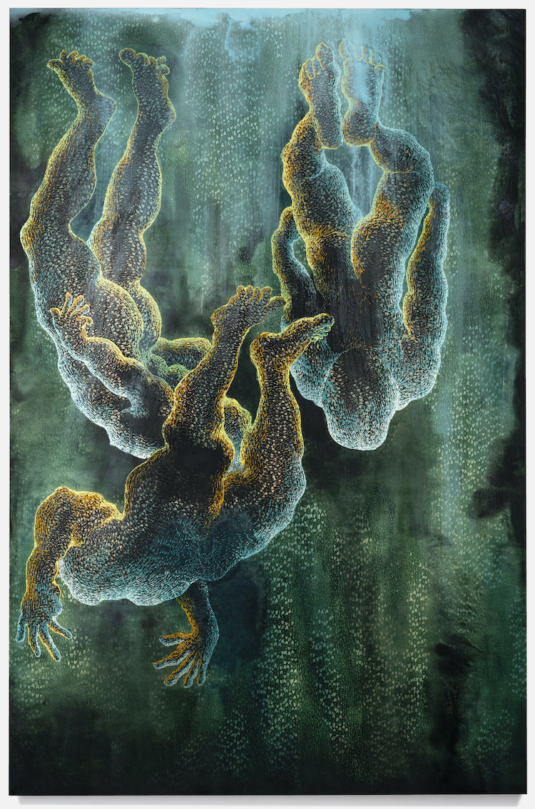 From James Fuentes: Plonje (Dive), 2023 Signed and dated verso Acrylic, wood carving, and ink on panel