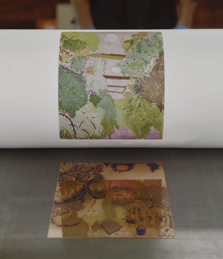 Hayley Barker’s new six-plate etching, New Yard, Elysian Heights,  being printed at Wingate Studios, New Hampshire, 2023. Photo by Tony Luong Courtesy the artist and David Zwirner