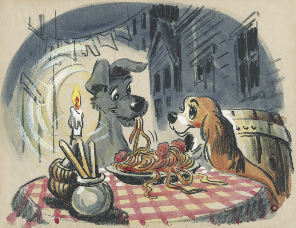 Disney Studio Artist Concept art Tramp and Lady in Lady and the Tramp (1955) Reproduction of original Courtesy of the Walt Disney Animation Research Library, © Disney