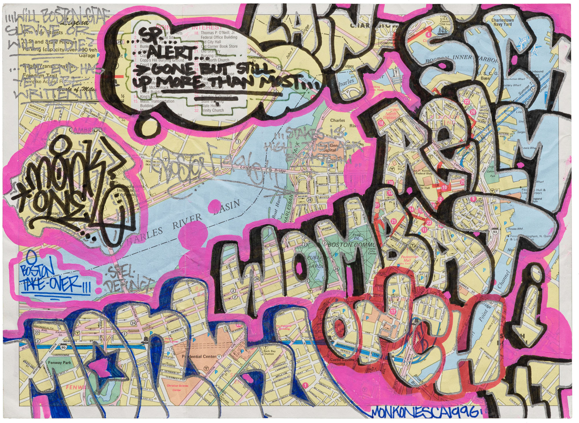 Monk SCA, Boston Take-over, 1996, sharpie and paint marker on map, Boston