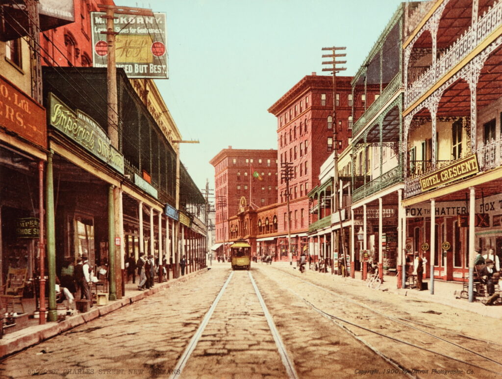 William Henry Jackson (American, 1843–1942), St. Charles Street, New Orleans, 1900, chromolithograph, High Museum of Art, Atlanta, gift of Joshua Mann Pailet in memory of Charlotte Mann Pailet (1924–1999), 1999.176.