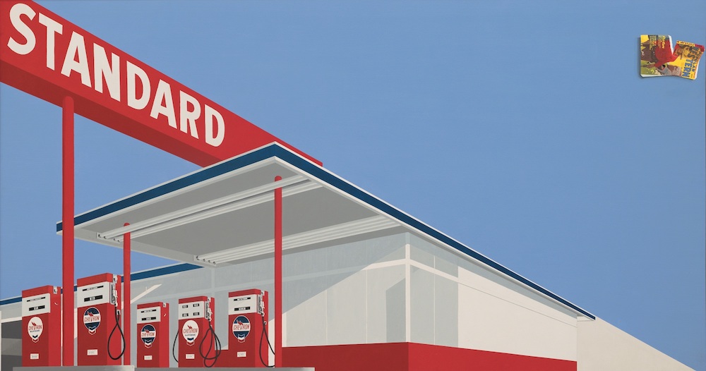 Standard Station, Ten-Cent Western Being Torn in Half. 1964. Oil on canvas, 65 × 121 1/2” (165.1 × 308.6 cm). Private Collection. © 2023 Edward Ruscha. Photo Evie Marie Bishop, courtesy of the Modern Art Museum of Fort Worth