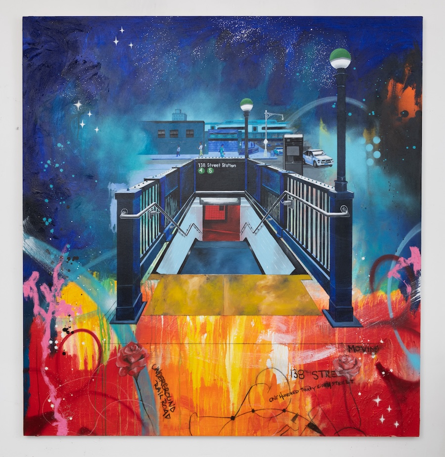 DAZE, Entrance/Exit at 138th street, 2022  Spray paint, acrylic, pumice, glitter on canvas  70 x 68 inches  Courtesy of the artist and PPOW, New York.