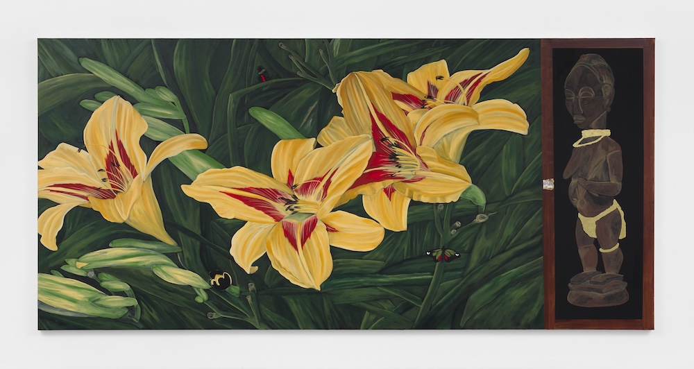 Daylily, 2024 Acrylic, oil pastel, photo collage, and gold leaf on canvas 90 x 192 1/2 inches