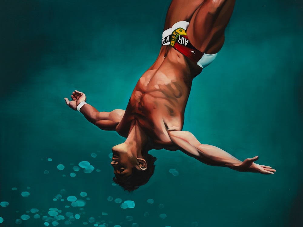 Sam McKinniss  Greg Louganis, 2024  oil on linen  84 1/8 x 59 x 1 3/8 inches, courtesy the artist and David Kordansky