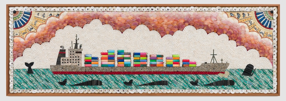Duke Riley, O’er The Wide and Plastic Sea, 2023. Reclaimed ocean plastic and shells. 40 x 116 in. Courtesy of the artist