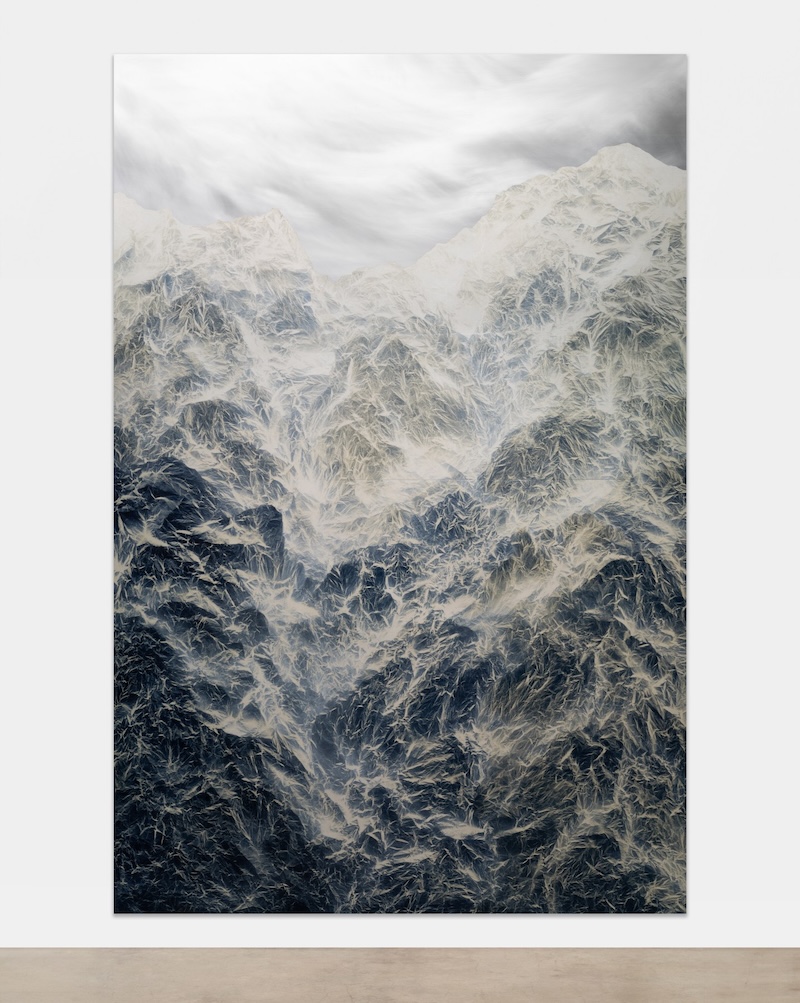 Cyano-Collage 230, 2024 cyanotype photography, Xuan paper, acrylic gel, acrylic, mounted on aluminum panel in two parts each panel: 70 7/8 x 94 1/2 inches (180 x 240 cm) approx. overall: 141 3/4 x 94 1/2 inches (360 x 240 cm) titled, signed and dated by the artist, verso // © Wu Chi-Tsung Studio. Courtesy: the Wu Chi-Tsung Studio and Sean Kelly, New York/Los Angeles