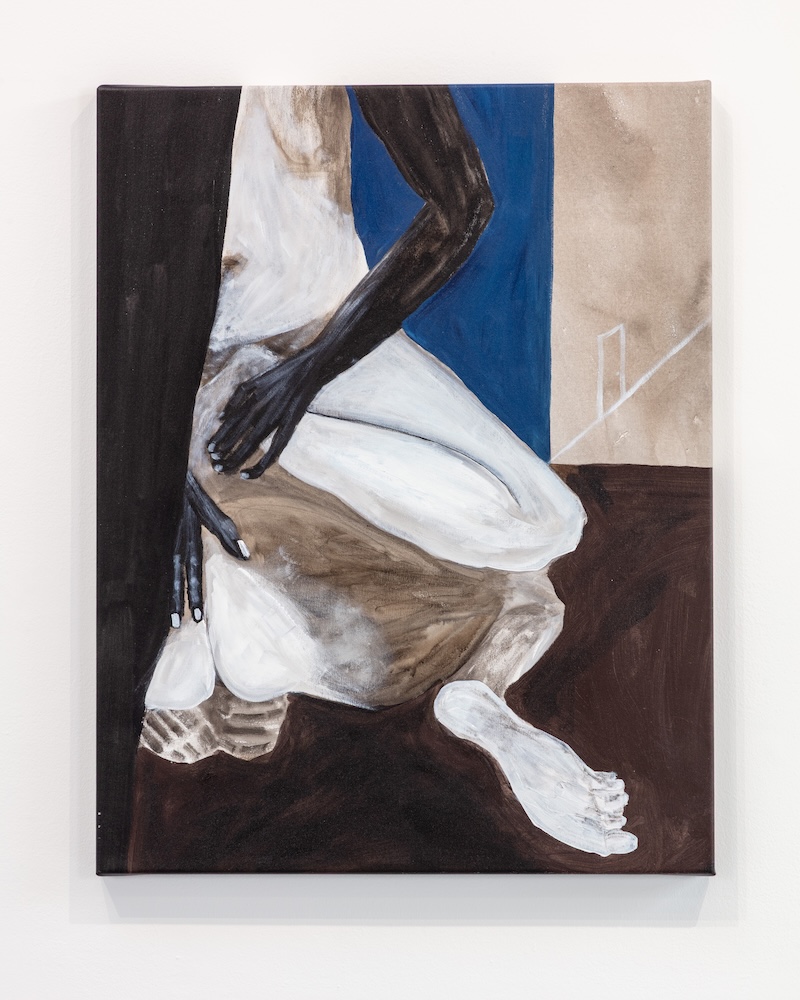 Shadi Al-Atallah, TIME CRUSHED ITSELF AROUND YOU, 2025. Acrylic, charcoal, ink and chinagraph pencil, 90 x 70.5 x 4 cm. Photograph: Richard Ivey. Courtesy of the Artist and Elizabeth Xi Bauer, London.