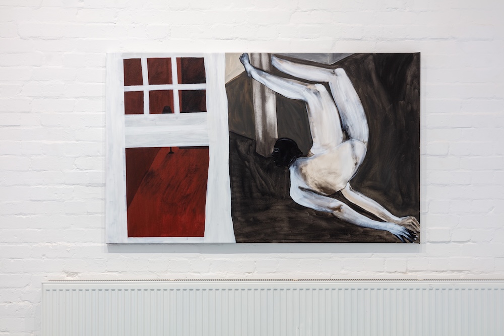 Shadi Al-Atallah, TO WARP, TO WRAP, 2025. Acrylic, charcoal, ink and chinagraph pencil, 100 x 165 x 4 cm. Photograph: Richard Ivey. Courtesy of the Artist and Elizabeth Xi Bauer, London.