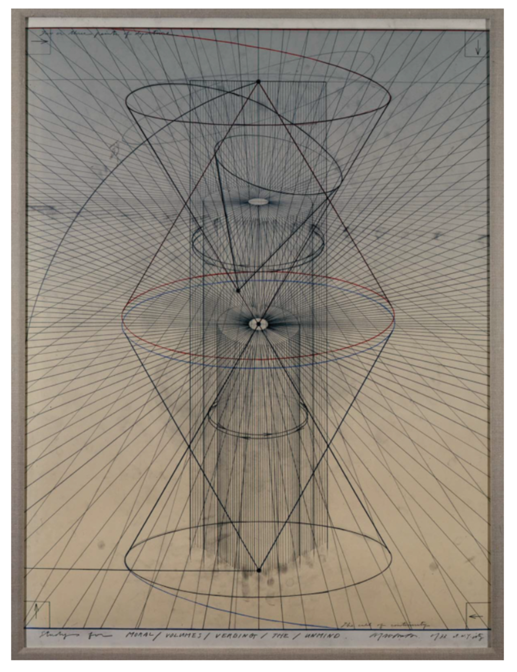 Shusaku Arakawa, Study for Moral/Volumes/Verbing/ The /Unmind, 1977. Pencil, crayon, acrylic, lithography, 46 5/8 x 34 1/8 inches (118.4 x 86.7 cm). Courtesy of Mark and Nikki Feldman