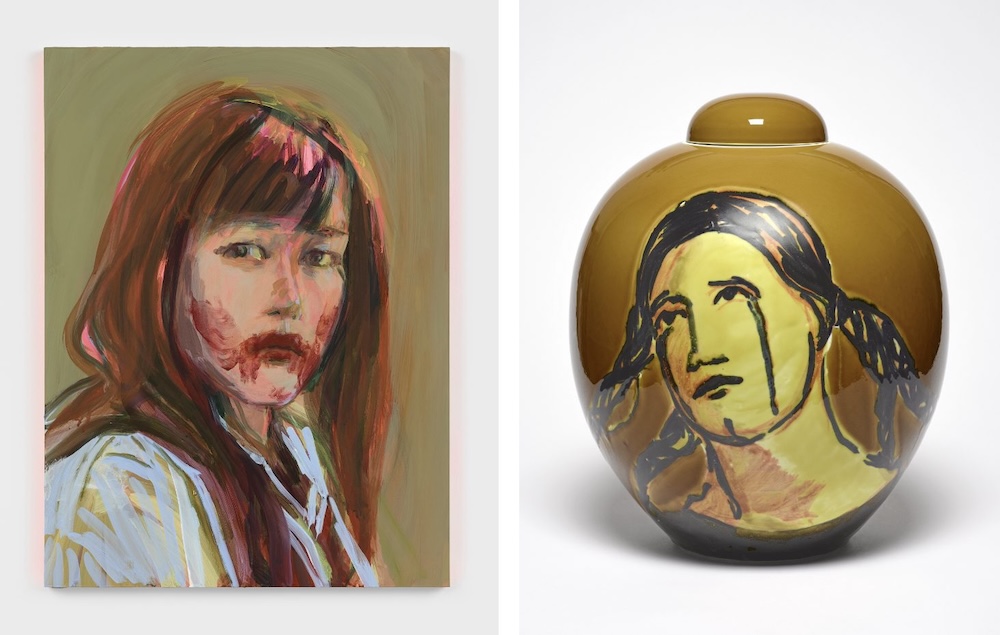 Left: Claire Tabouret, Self-portrait as a Vampire, 2019 © Marten Elder Right: Claire Tabouret, Les pleureuses (brun doré), 2023