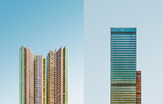 Minimalistic building views set to the blue sky